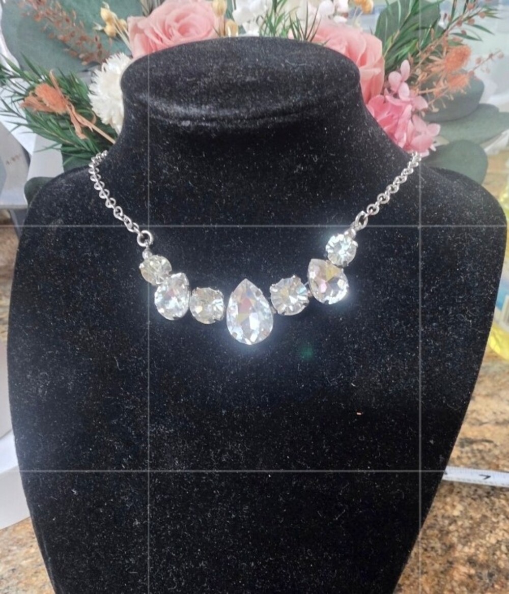 Silver Necklace with Clear Faceted Stones Teardrop Centerpiece